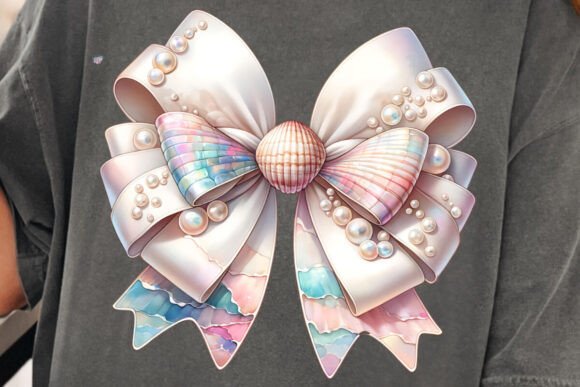 Capture Coastal Charm with the Iridescent Sea Shell Coquette Bow PNG